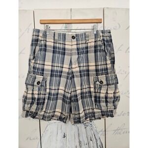 American Eagle Outfitters Mens Blue Plaid Classic Length Cargo Shorts Size 34